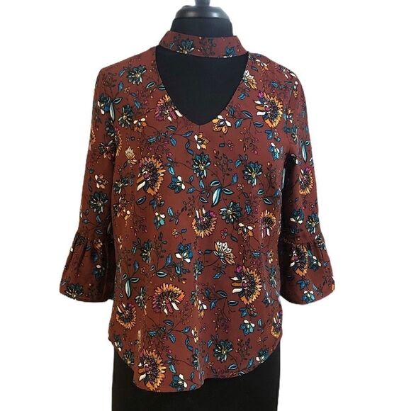meraki Floral Bell Sleeve Choker Neck Blouse Sz L - Picture 1 of 10